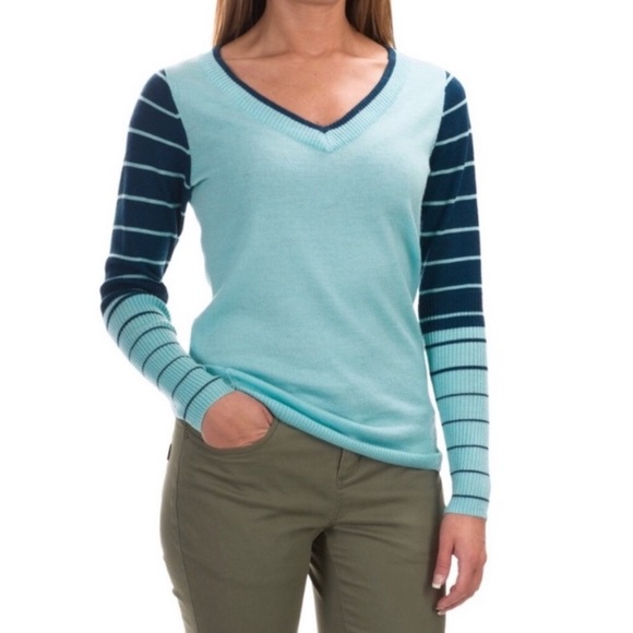 Smartwool Sweaters - ❤️Smartwool Blue V-Neck Sweater Pullover 100% Merino Wool Striped Sleeves Ribbed